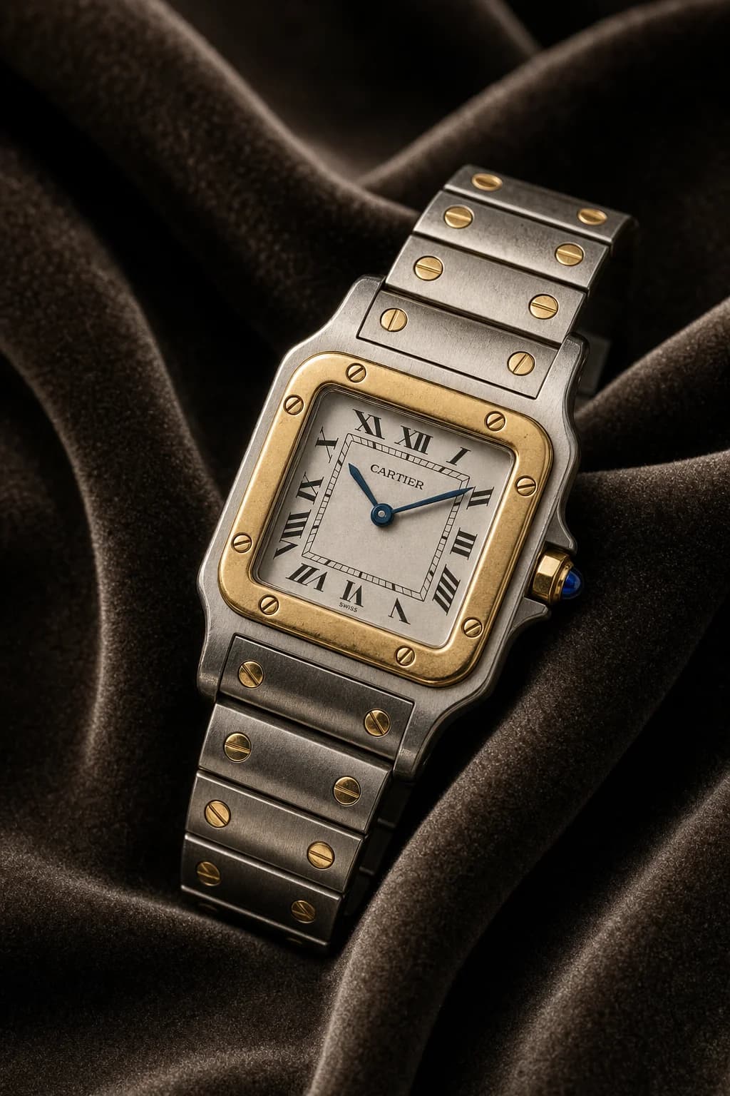 Two-tone luxury wristwatch on charcoal velvet — Heritage Trading Co. wholesale diamonds, estate jewelry and luxury watches in Northern New Jersey