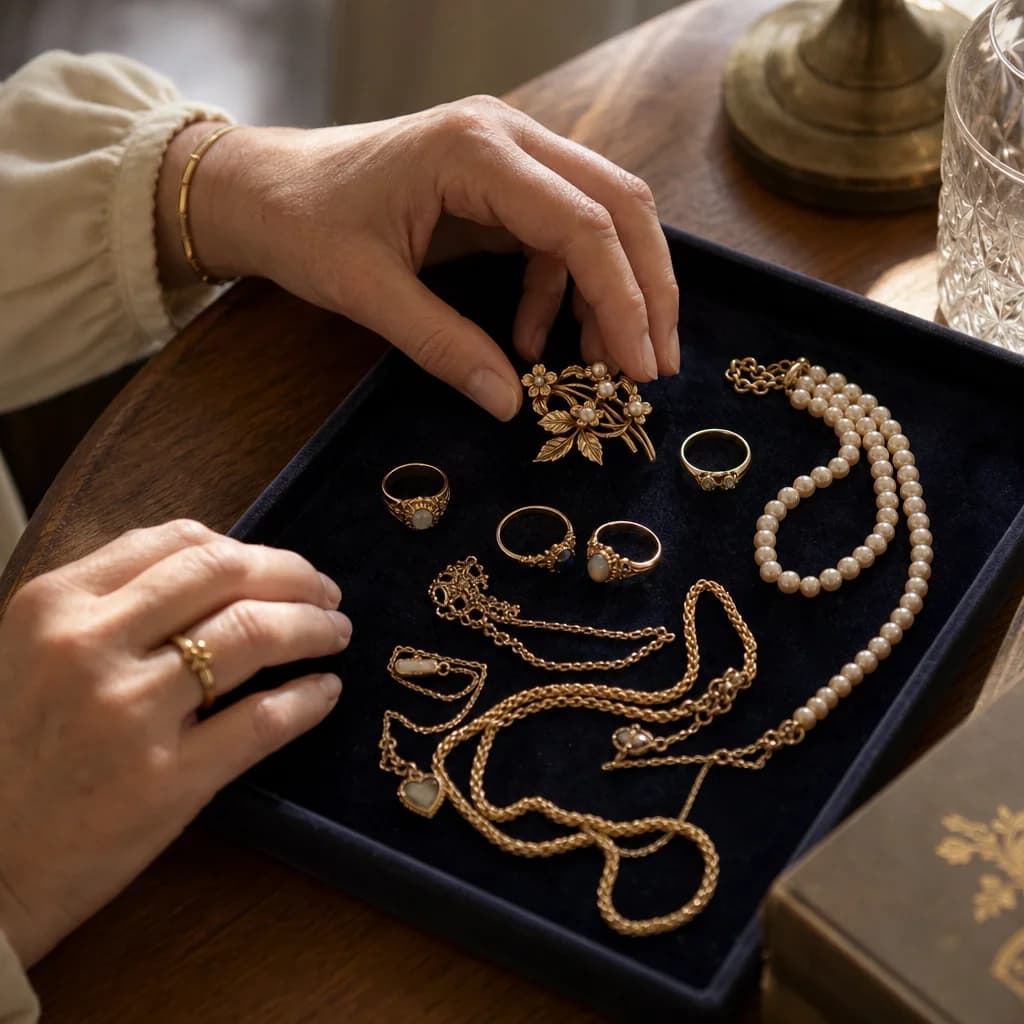 Two hands gently sorting an inherited jewelry collection laid out on a velvet-lined tray