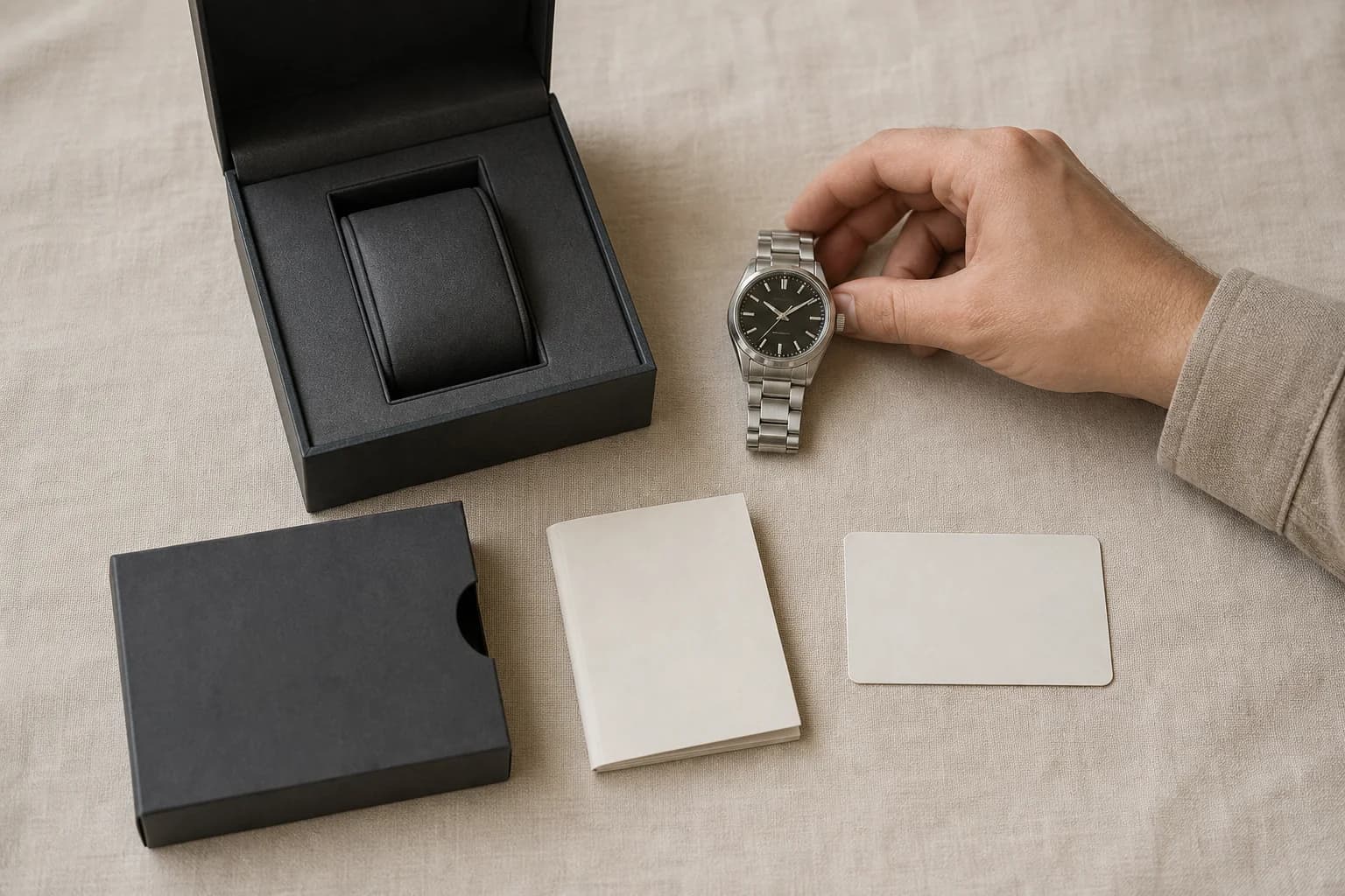 A hand laying a steel wristwatch beside its original presentation box, booklet, and warranty card on ivory linen
