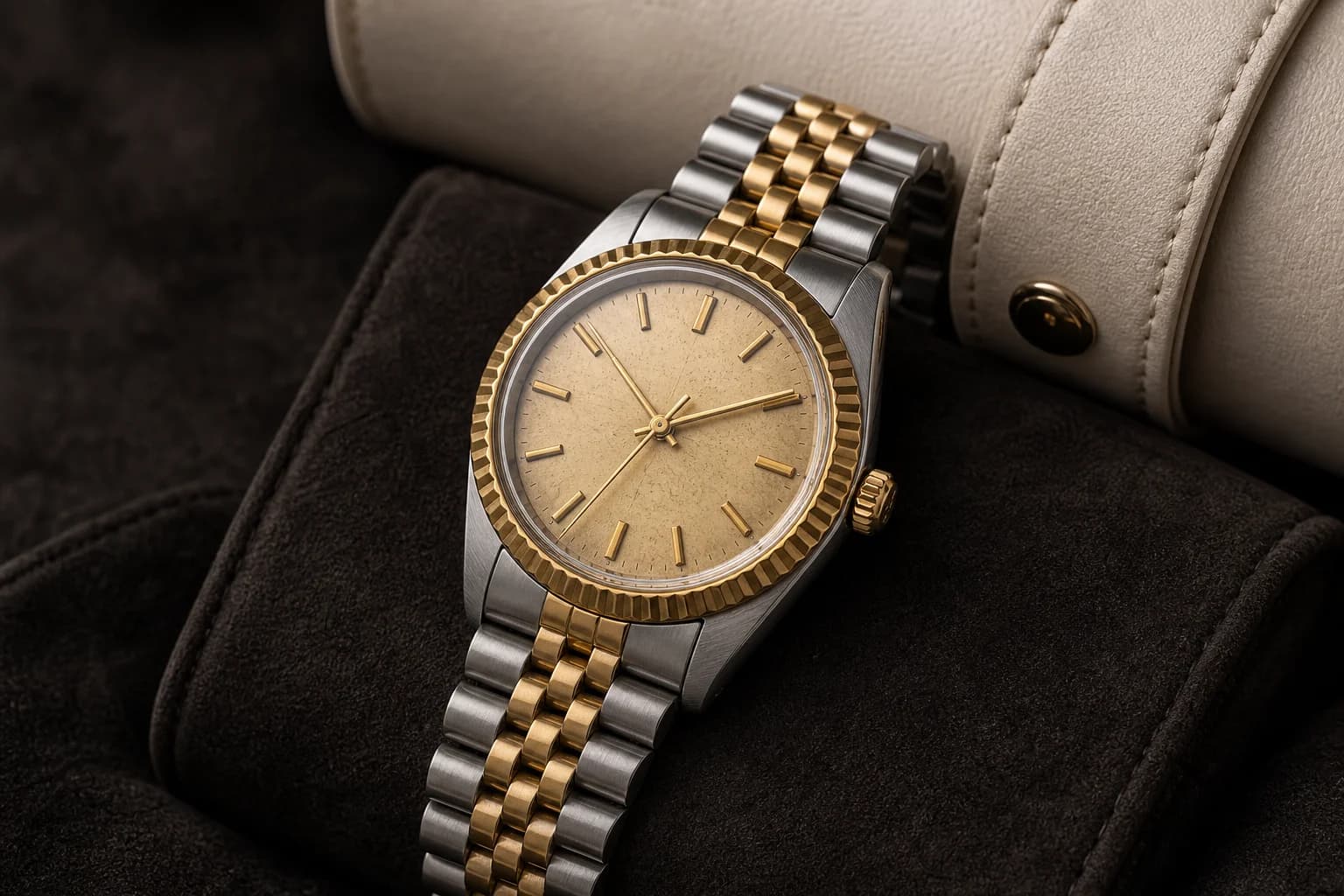 Vintage two-tone steel and gold wristwatch with a fluted bezel resting on charcoal velvet