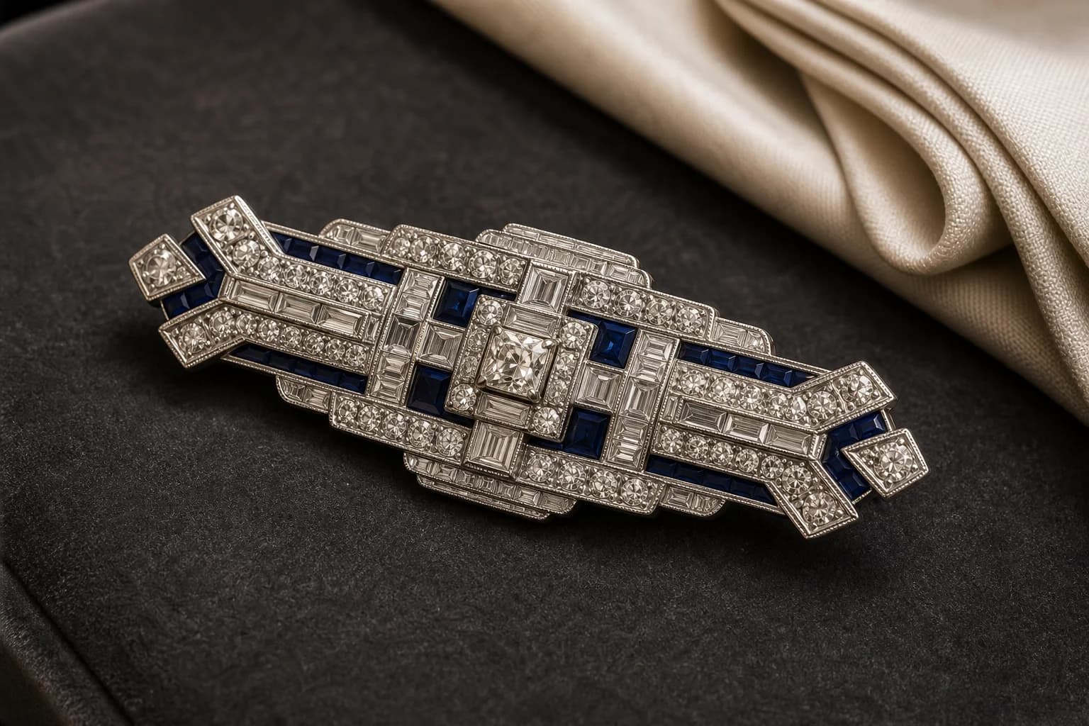 Signed Art Deco platinum and diamond brooch with calibre-cut sapphire accents on charcoal velvet