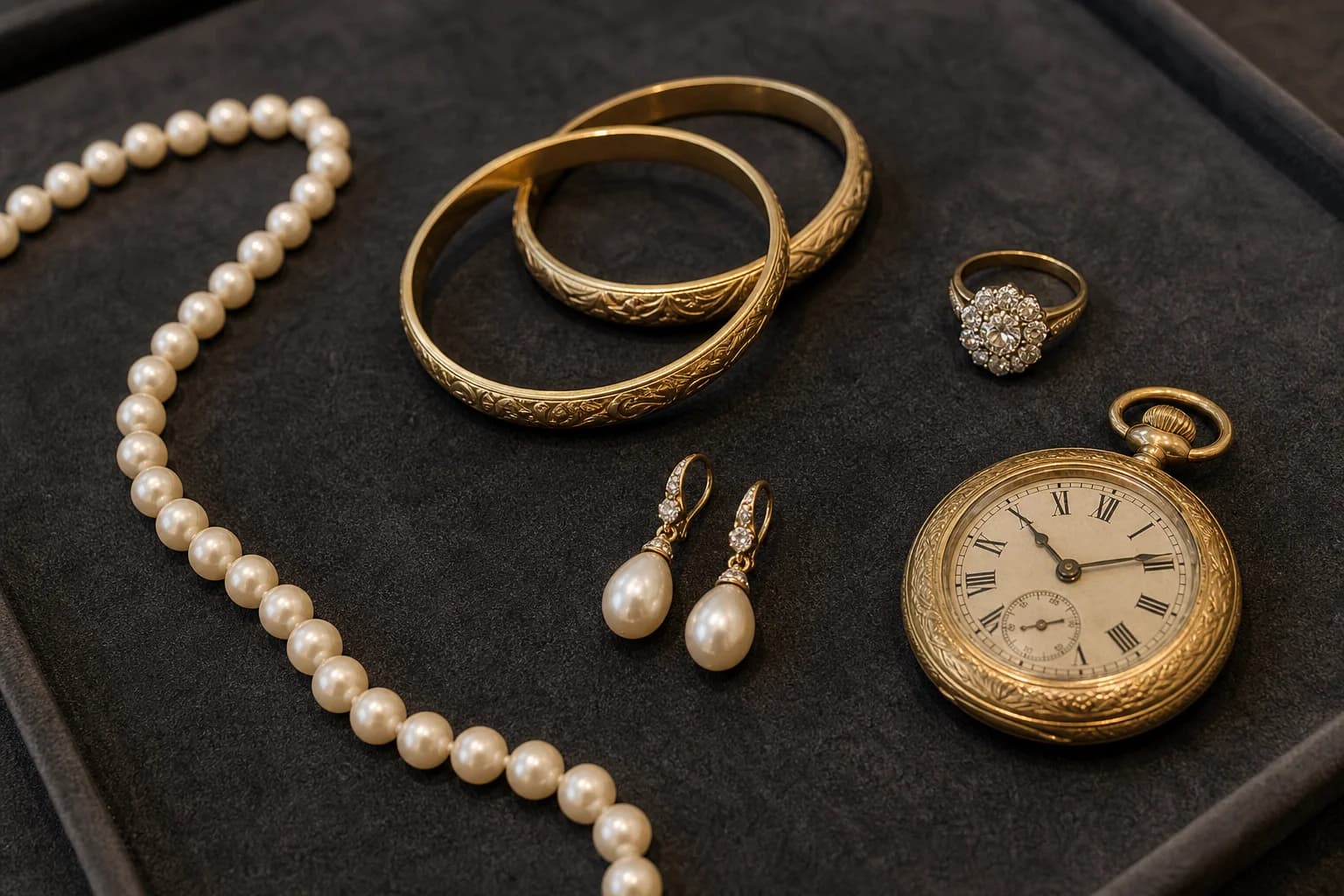 Estate jewelry collection laid out on a charcoal velvet tray, including a pearl strand, gold bangles and a diamond cluster ring